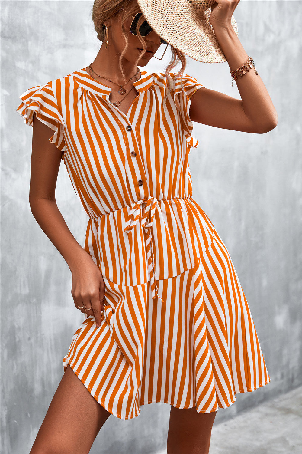 Striped Short Sleeve Dress Streetwave With Tie Waist And Ruffle Details For Women Breathable Cotton Blend