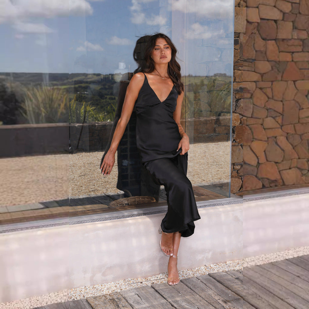 Street Wave Satin Maxi Dress For Women With Elegant V Neck And Flowing Silhouette Perfect For Special Occasions