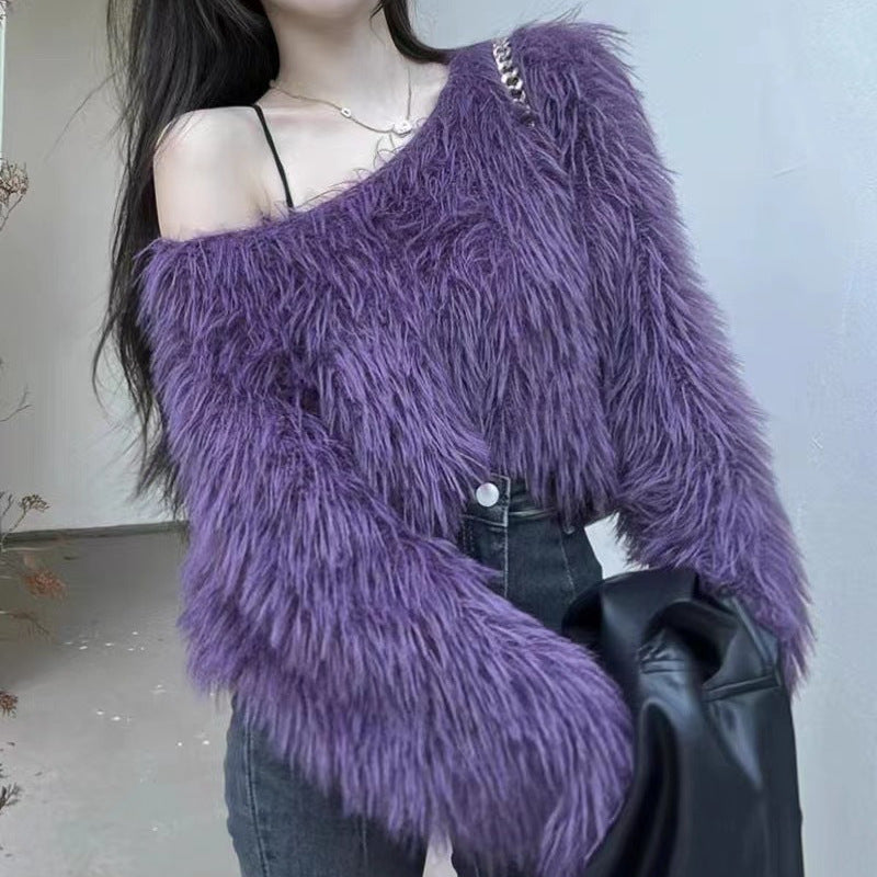 Street Wave Womens Cropped Pullover With Fluffy Texture And Off Shoulder Design For Fashion Forward Women