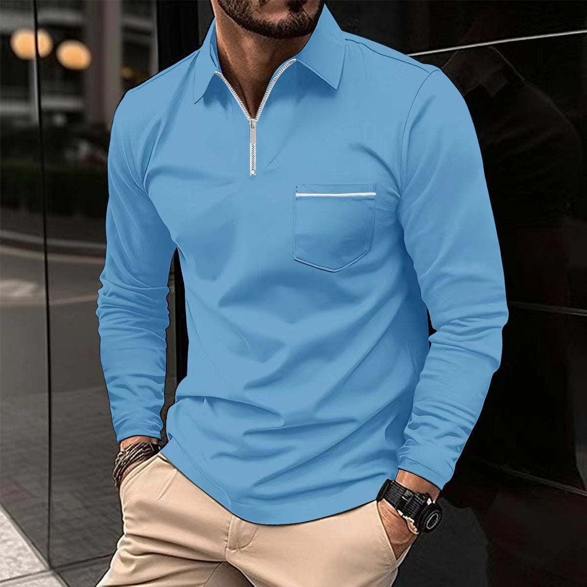 Street-wave Men's Zip Front Long Sleeve Shirt With Chest Pocket For Modern Casual And Formal Wear