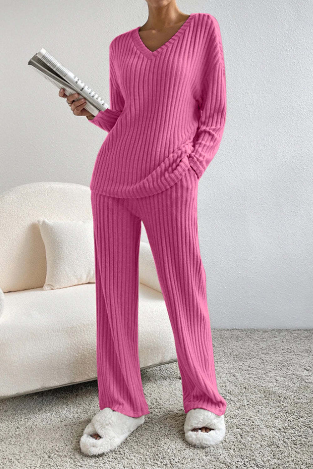 Street-Wave Womens Ribbed Lounge Set Ultra Cozy 2-Piece With Oversized Top And Pants