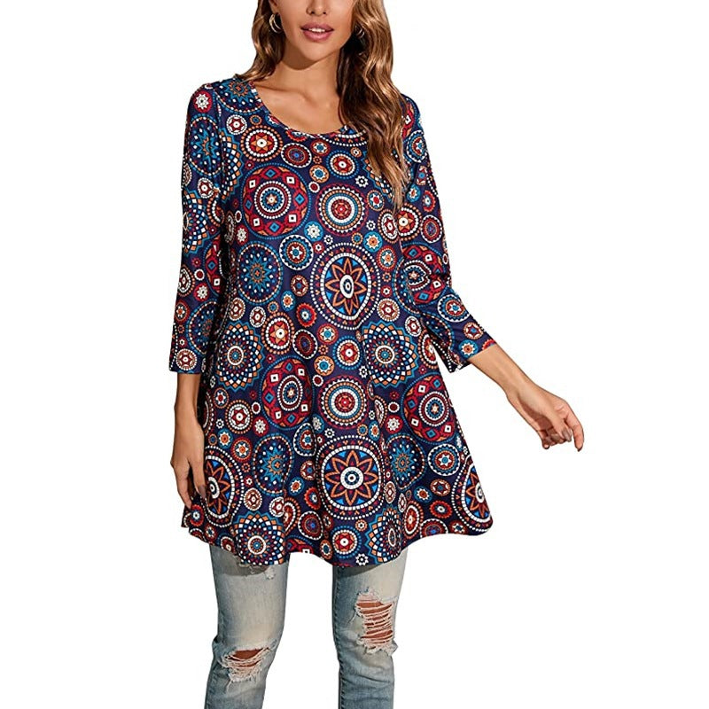 Street Wave Mandala Print Tunic For Women Comfortable Boho Everyday Top With Unique Mandala Design