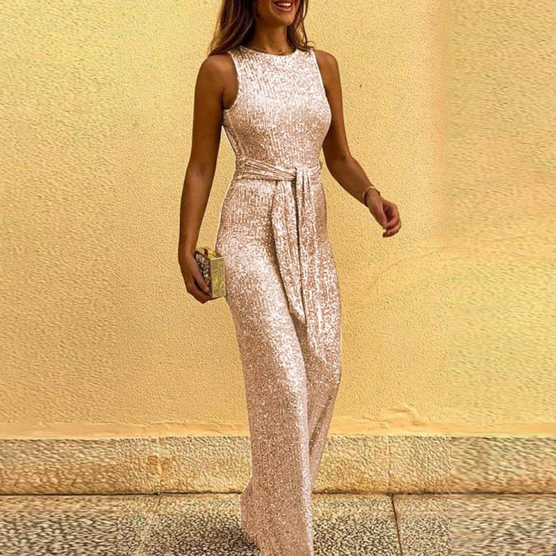 Street Wave Glitter Evening Dress With Elegant Waist Belt For Women Sparkling Formal Gown