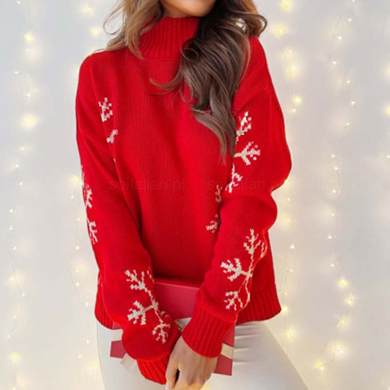 Street-Wave Women Christmas Sweater Cozy Snowflake Jacquard Soft Knit With Stand Collar