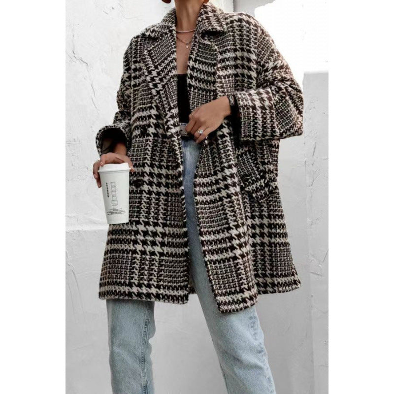 Streetwave Oversized Wool Coat With Plaid Pattern And High Collar Cozy Winter Outerwear For Women