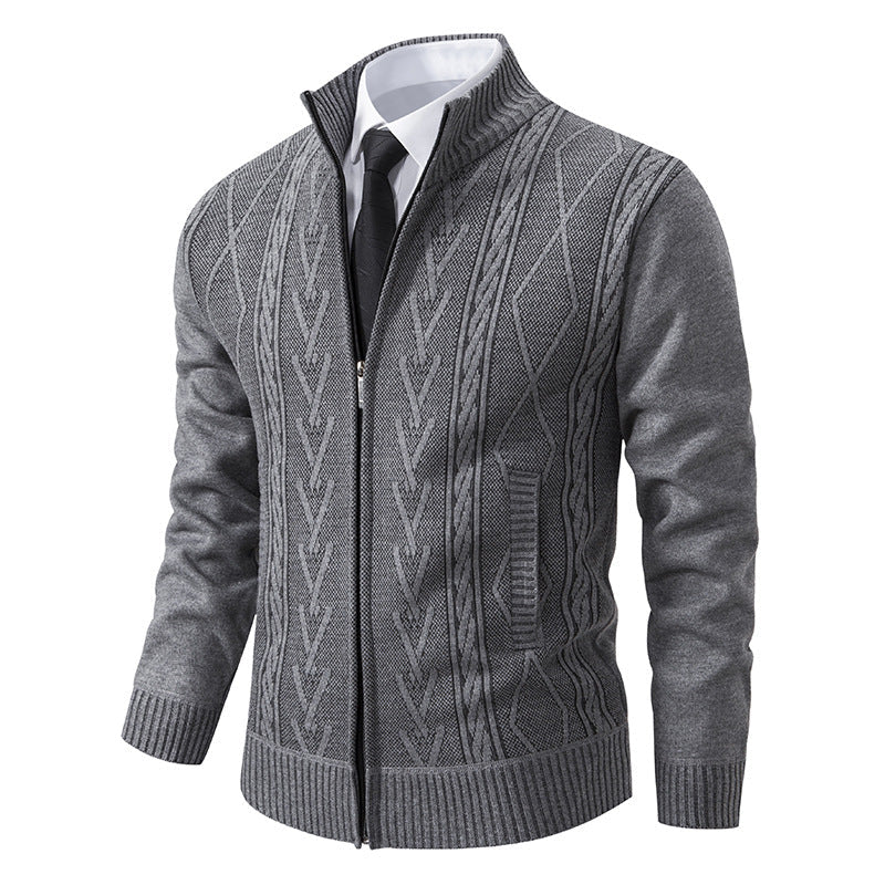 Mens Knit Cardigan Street-Wave Cable Knit Pattern With High Collar For Warmth And Style