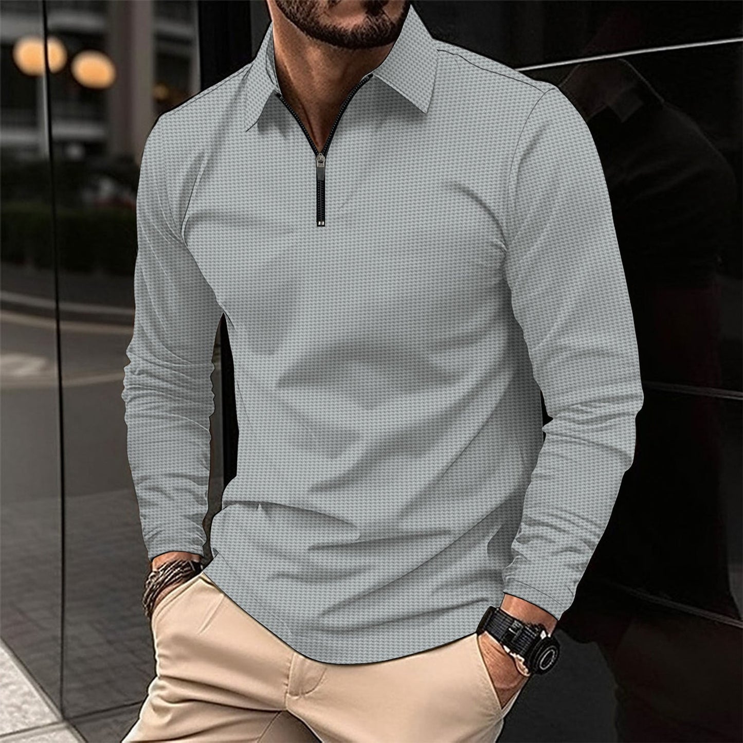 Street Wave Mens Long Sleeve Zipper Shirt With Textured Design Smart Casual Everyday Wear