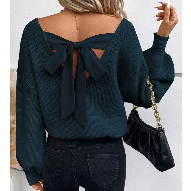 Street-wave Womens Bow Back Knit Sweater With Elegant Neckline Ideal For Chic Everyday Wear