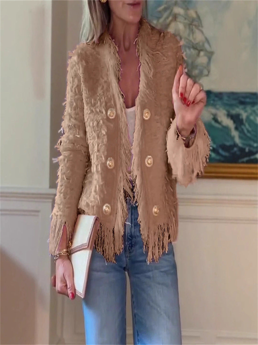 Street Wave Fringe Jacket For Women Chic Lightweight Fringed Style With Gold Button Details