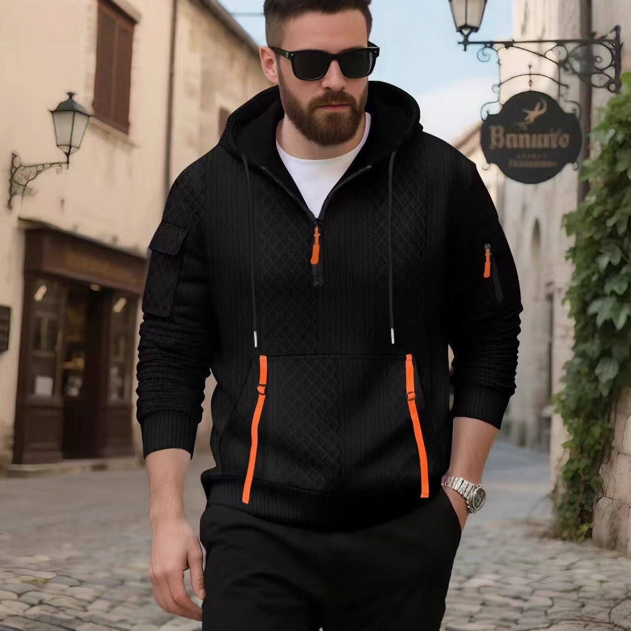 Streetwave Mens Hoodie For Men With Structured Diamond Knit And Practical Zippered Pockets For Everyday Wear