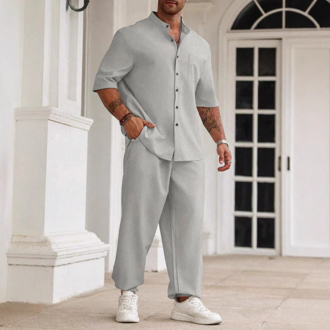 Nordic Flair Mens Relaxed Fit Cotton Linen Short Sleeve Shirt and Trousers 2 Piece Set