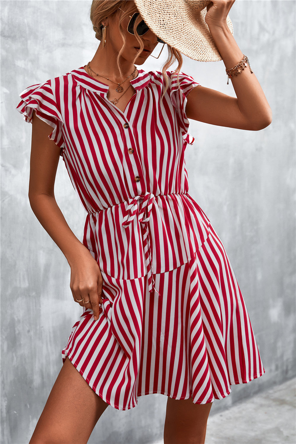 Striped Short Sleeve Dress Streetwave With Tie Waist And Ruffle Details For Women Breathable Cotton Blend