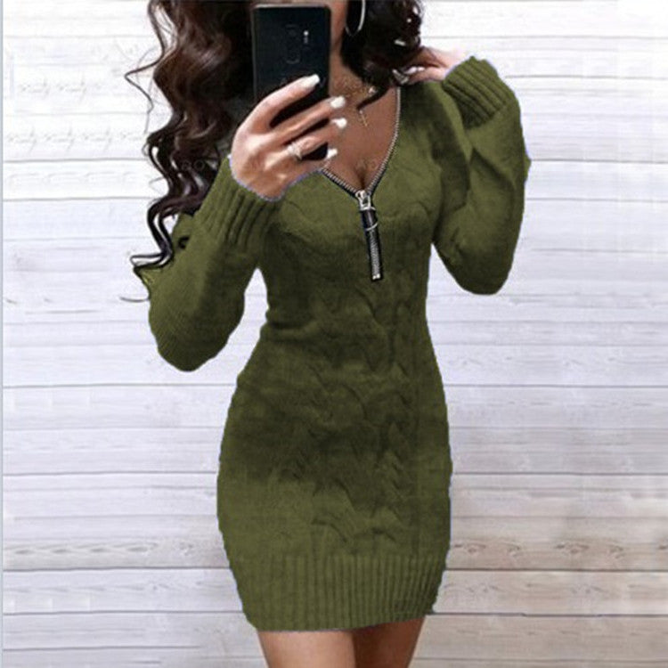 Street-Wave Cable Knit Dress With Zipper For Women, Trendy Cozy Knitwear For Everyday Style
