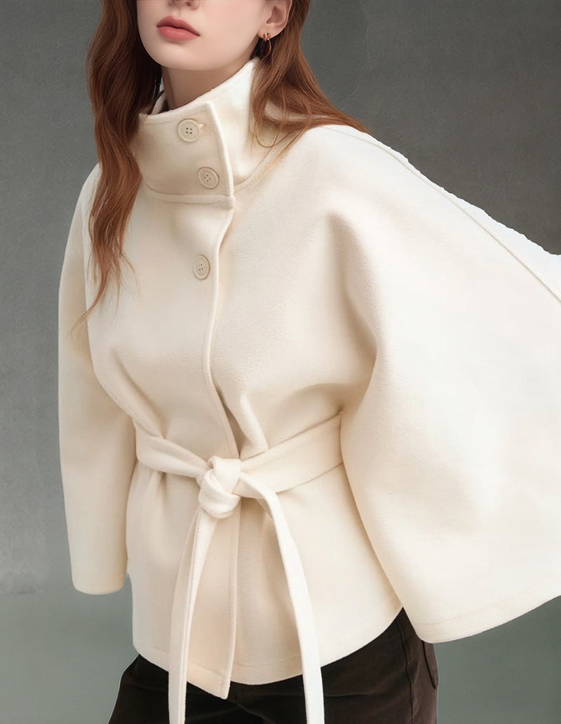 Street-wave Hooded Cape Coat For Women, Elegant Transitional Outerwear Belted For Chic Comfort