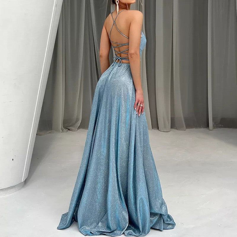Streetwave Open Back Glitter Evening Dress For Women With Sparkling Fabric Glamorous Formal Gown