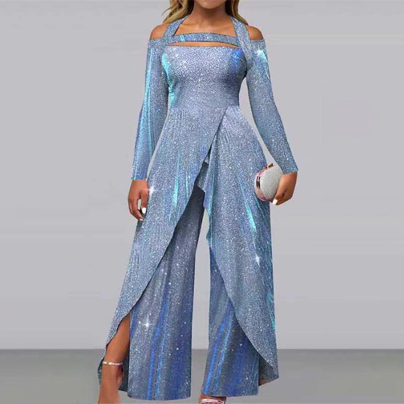 Street-wave Women Glamorous Shimmering Functional Jumpsuit with Off Shoulder Elegance