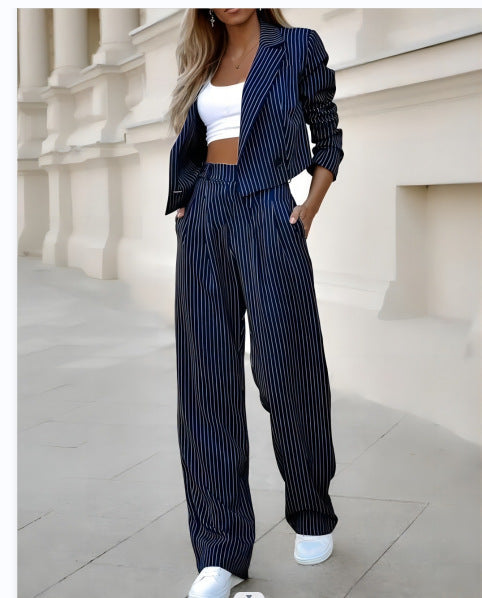 Street-Wave Womens Blazer And Pants Set Lightweight Breathable Pinstripe For Modern Professionals