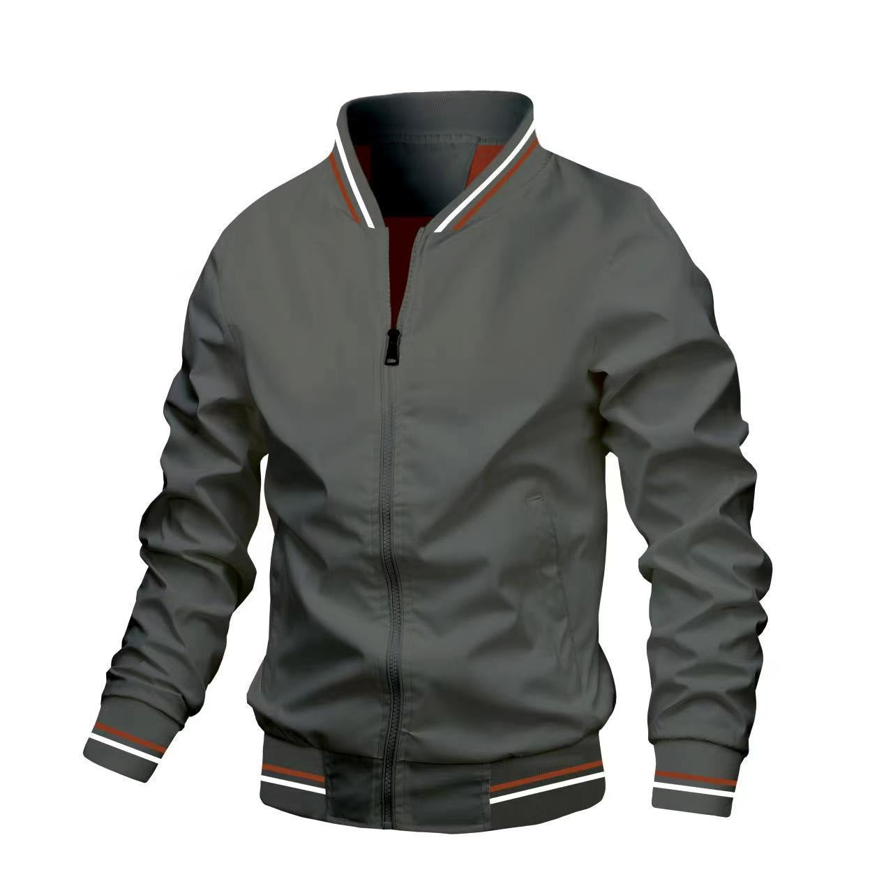 Mens Casual Jacket Slim Fit Stand Collar Zip Front Closure With Ribbed Cuffs Lightweight Bomber Style Outerwear