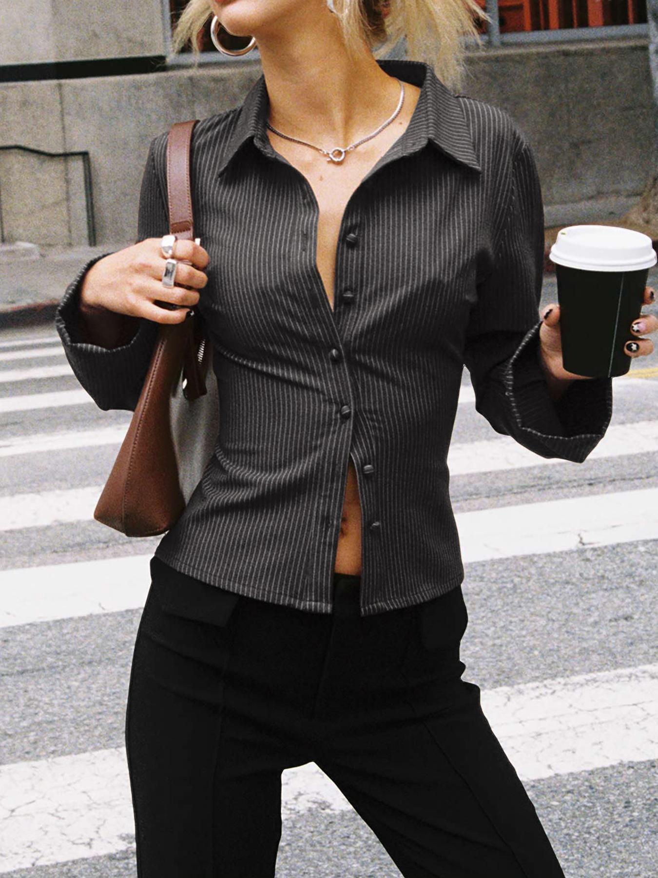 Street-Wave Tailored Womens Button-Down Blouse With Notched Collar And Fine Stripes