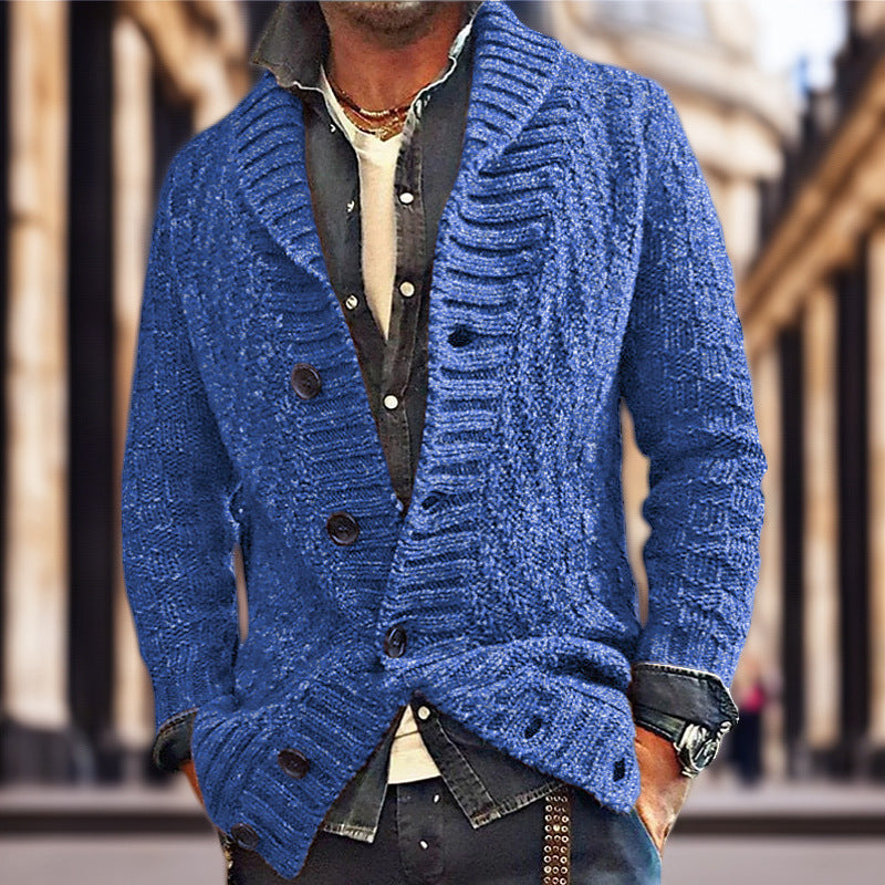 Street-wave Men's Cardigan With Large Shawl Collar And Textured Knit Design For Winter Comfort