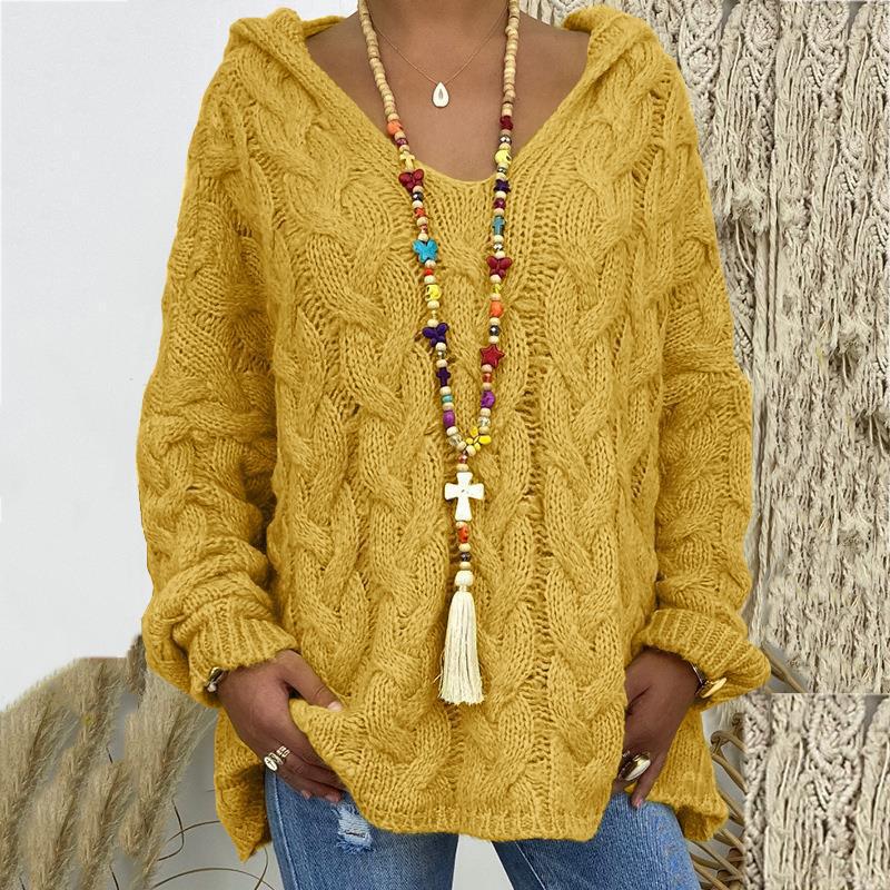 Street-wave Knitted Hoodie With V-Neck Cozy Cable Knit Sweatshirt For Women Elegant Casual Look
