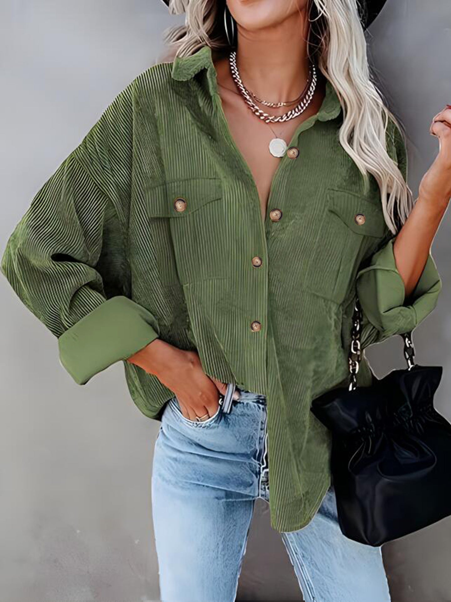 Street-Wave Women Corduroy Shirt Jacket With Double Chest Pockets For Versatile Chic Everyday Wear