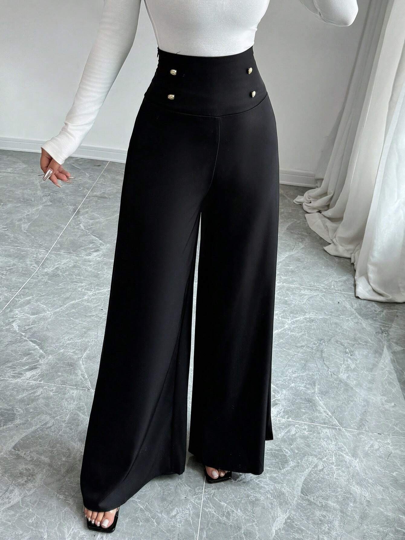Street Wave Womens Wide Leg High Waist Pants With Decorative Buttons For Elegant Everyday Wear