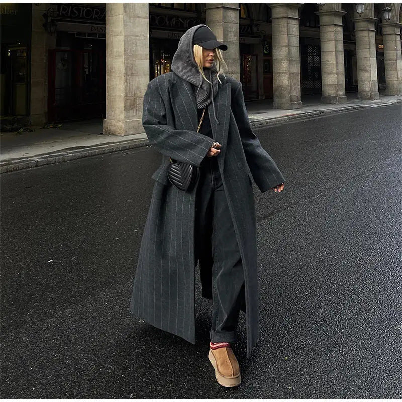 Street-wave Pinstripe Oversized Coat For Women Elegant Modern Versatile Outerwear