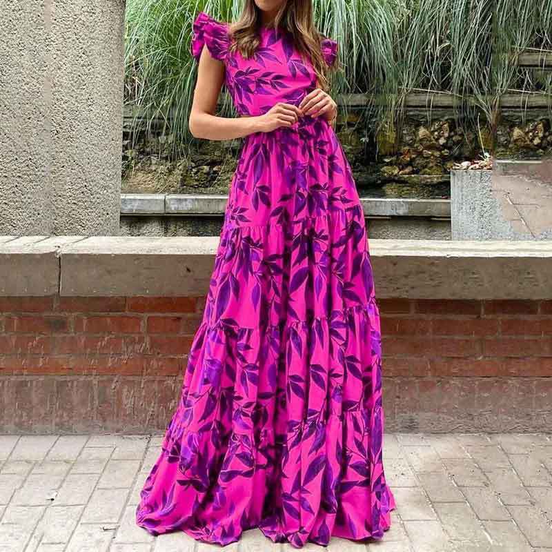 Women's Maxi Dress – Lightweight Fabric – Ruched Sleeves – Ruffled Skirt – Printed Design