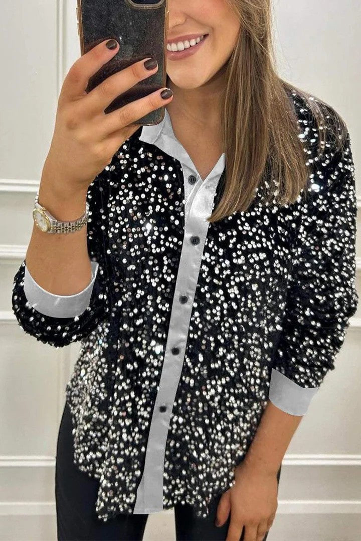 Street-Wave Womens Sequin Blouse With Classic Collar Sparkling Evening Glamour Top