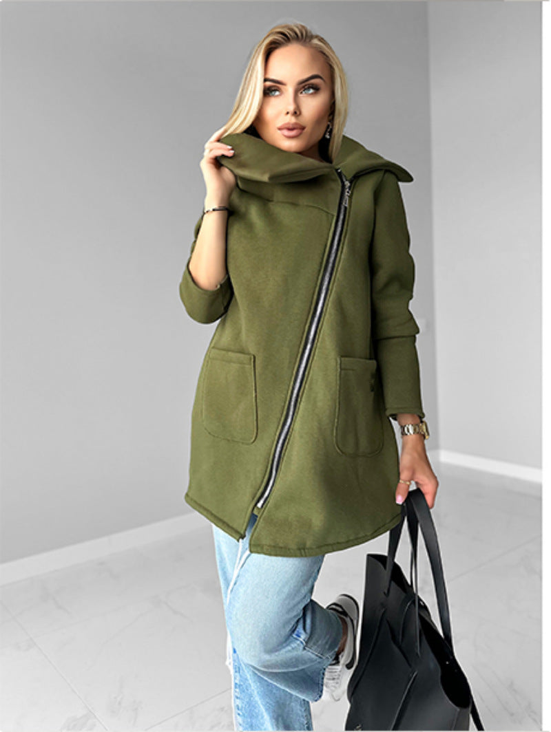 Street-wave Fleece Jacket With Diagonal Zip And Revers Collar Mid Length For Women Cozy Warm Outerwear