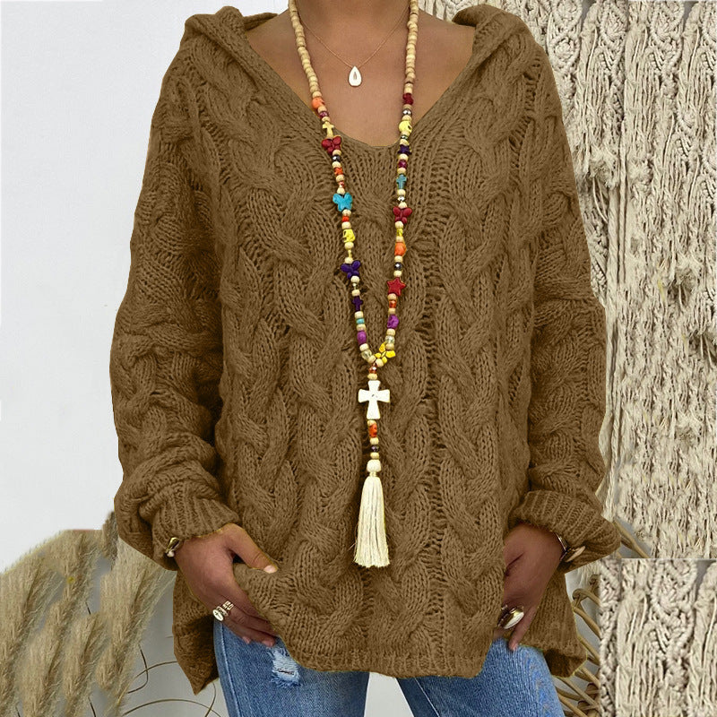 Street-wave Knitted Hoodie With V-Neck Cozy Cable Knit Sweatshirt For Women Elegant Casual Look