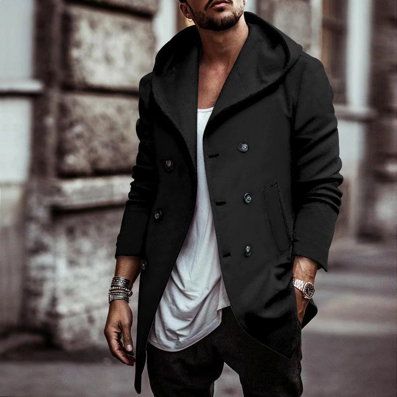 Street Wave Hooded Coat For Men Elegant Double Breasted Winter Warmth For Fashion Forward Gentlemen