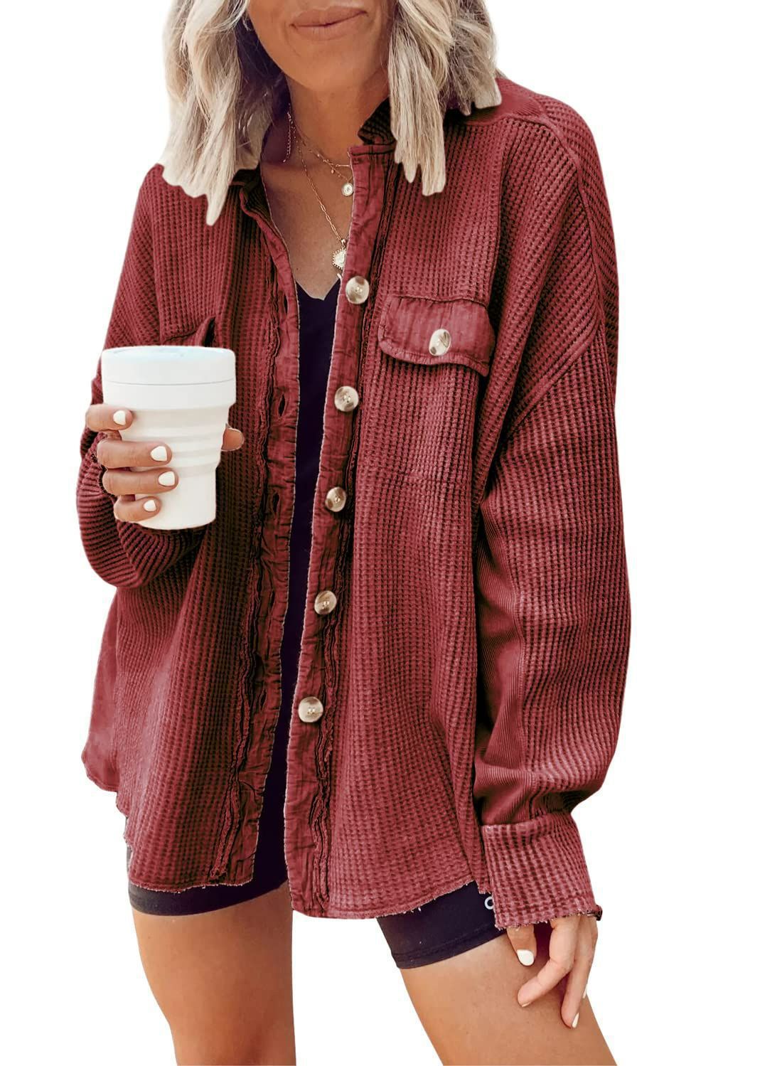 Streetwave Womens Oversized Waffle Knit Shirt Jacket Breathable Comfort Versatile Layering