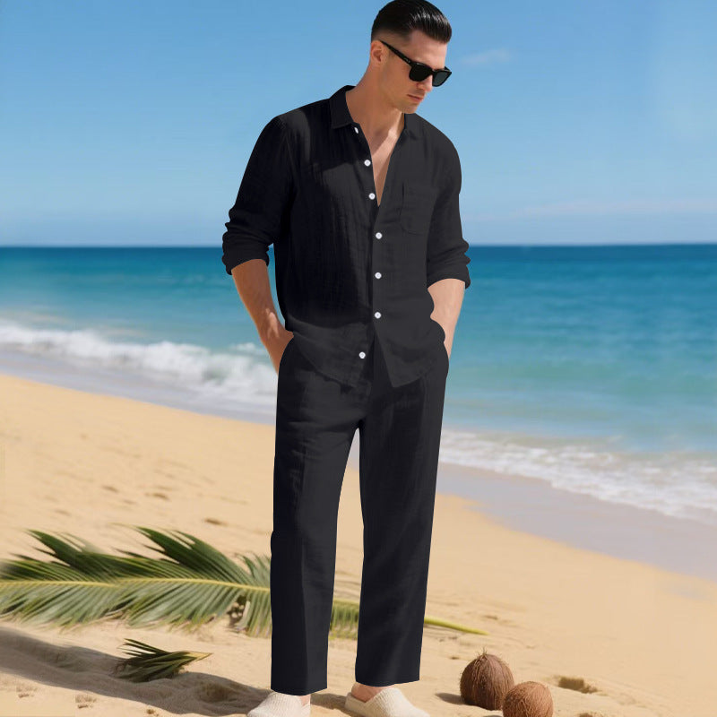 Street-wave Men's Lightweight Linen Outfit With Breathable Shirt And Elegant Trousers Summer Ready
