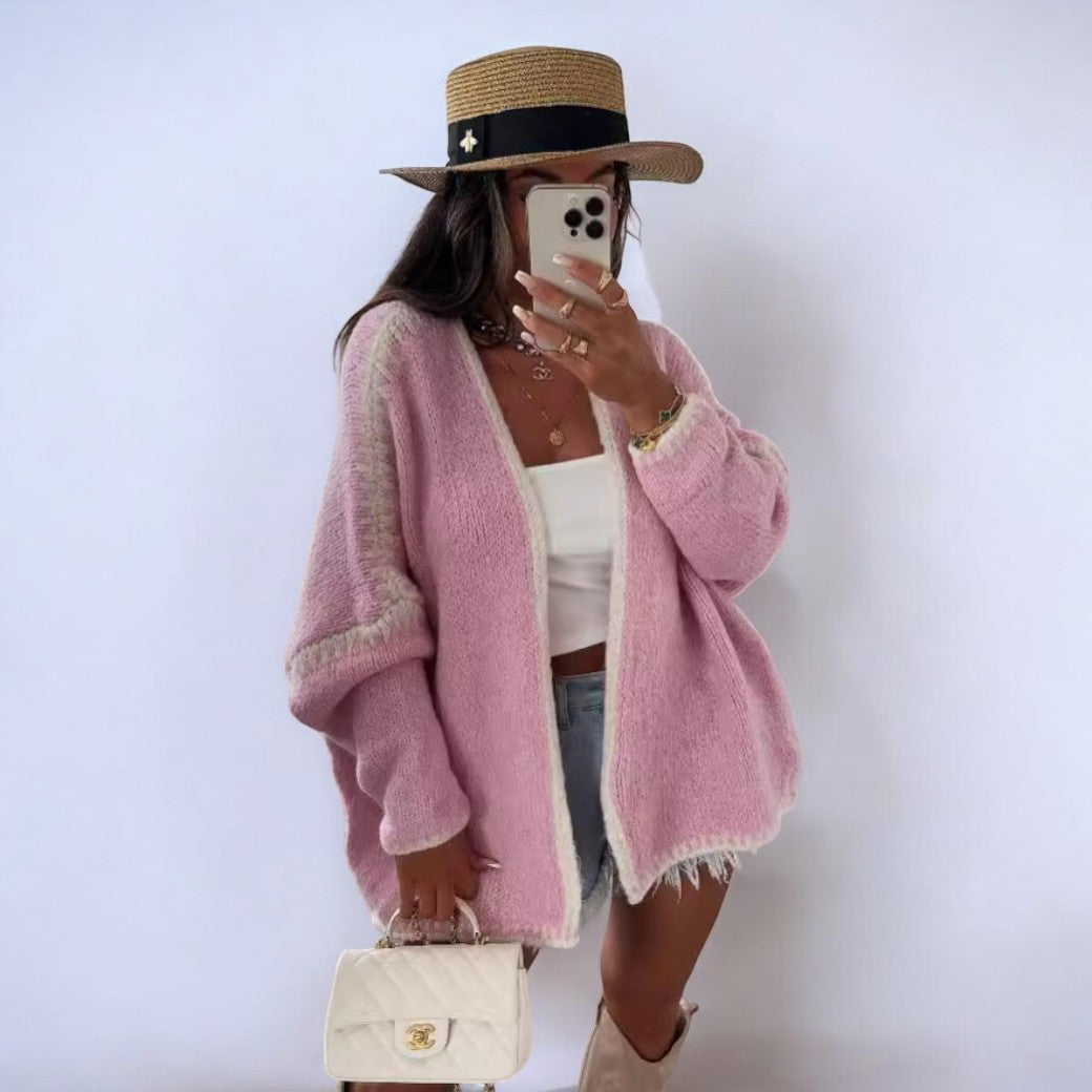 Street-Wave Oversized Knit Cardigan For Women, Cozy Warmth With White Trim, Elegant Style