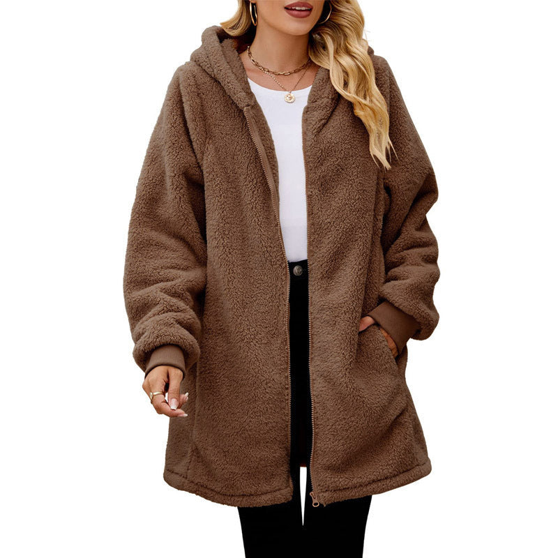 Street-Wave Womens Cozy Fleece Jacket With Hood Oversized Fit Soft Plush Texture Side Pockets