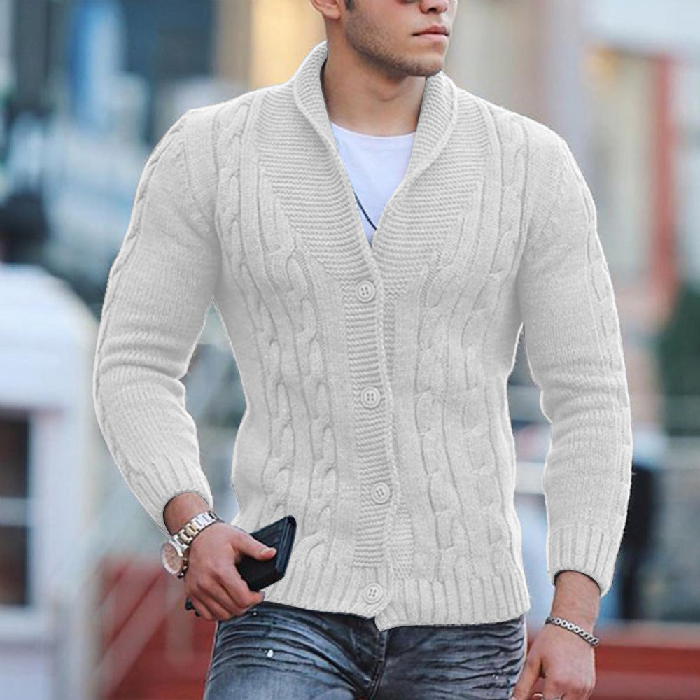 Street-Wave Men's Cable Knit Cardigan With Shawl Collar For Cozy Warmth And Modern Style