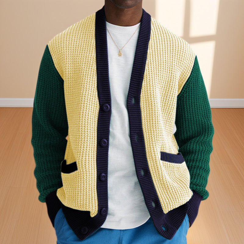 Mens Waffle Knit Cardigan By Streetwave With Contrast Sleeves And Practical Pockets Casual Comfort
