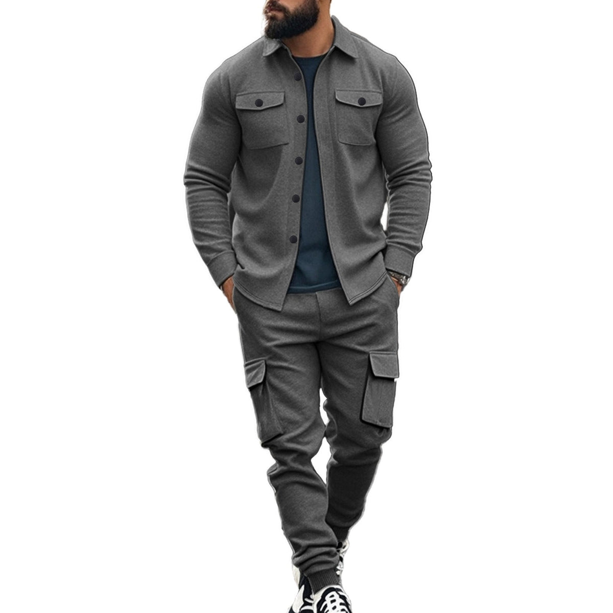 Street-wave Mens Cargo Set Shirt With Elastic Pants Comfortable Streetwear For Modern Men