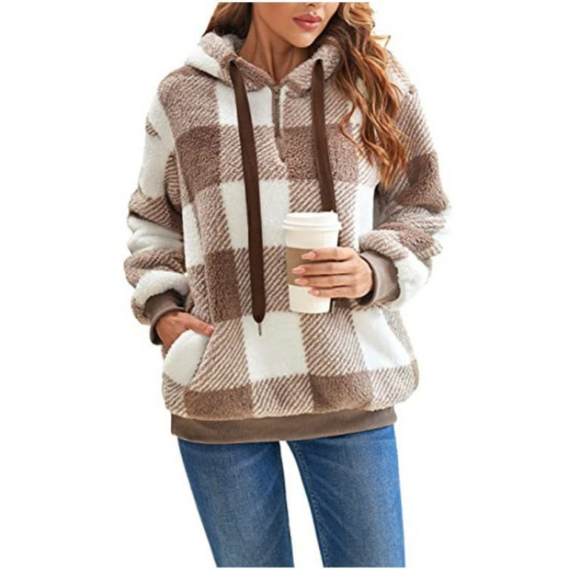 Street-wave Cozy Fleece Hoodie for Women Pink Plaid Warmth and Soft Comfort Everyday Wear