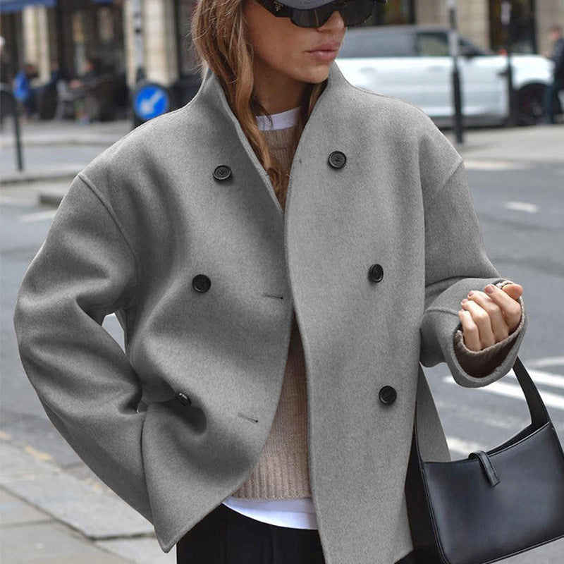 Street-Wave Women's Wool Jacket With Double Button Placket And High Collar Cozy Luxe Outerwear