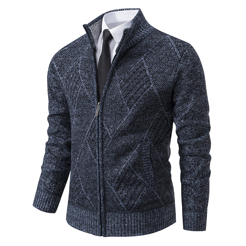 Street-wave Mens Knit Cardigan With Modern Diamond Pattern Zip Front Slim Fit Premium Look