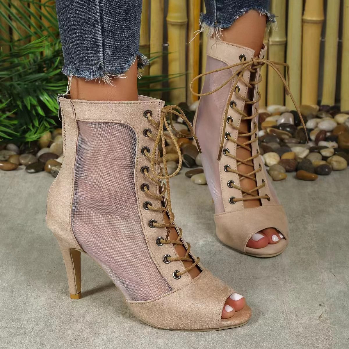 Women Half-Open High Heel Boots With Transparent Side Panel And Lace-Up Street-Wave For Evening Looks