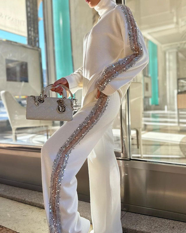 Street-wave Sequin Turtleneck Long Sleeve Two Piece Set For Women Sparkling Warm Party Ready Fashion