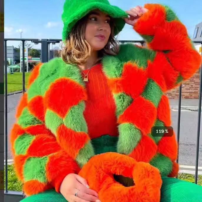 Street Wave Plus Size Womens Faux Fur Coat With Bold Patchwork Colorblock Pattern For A Statement Look