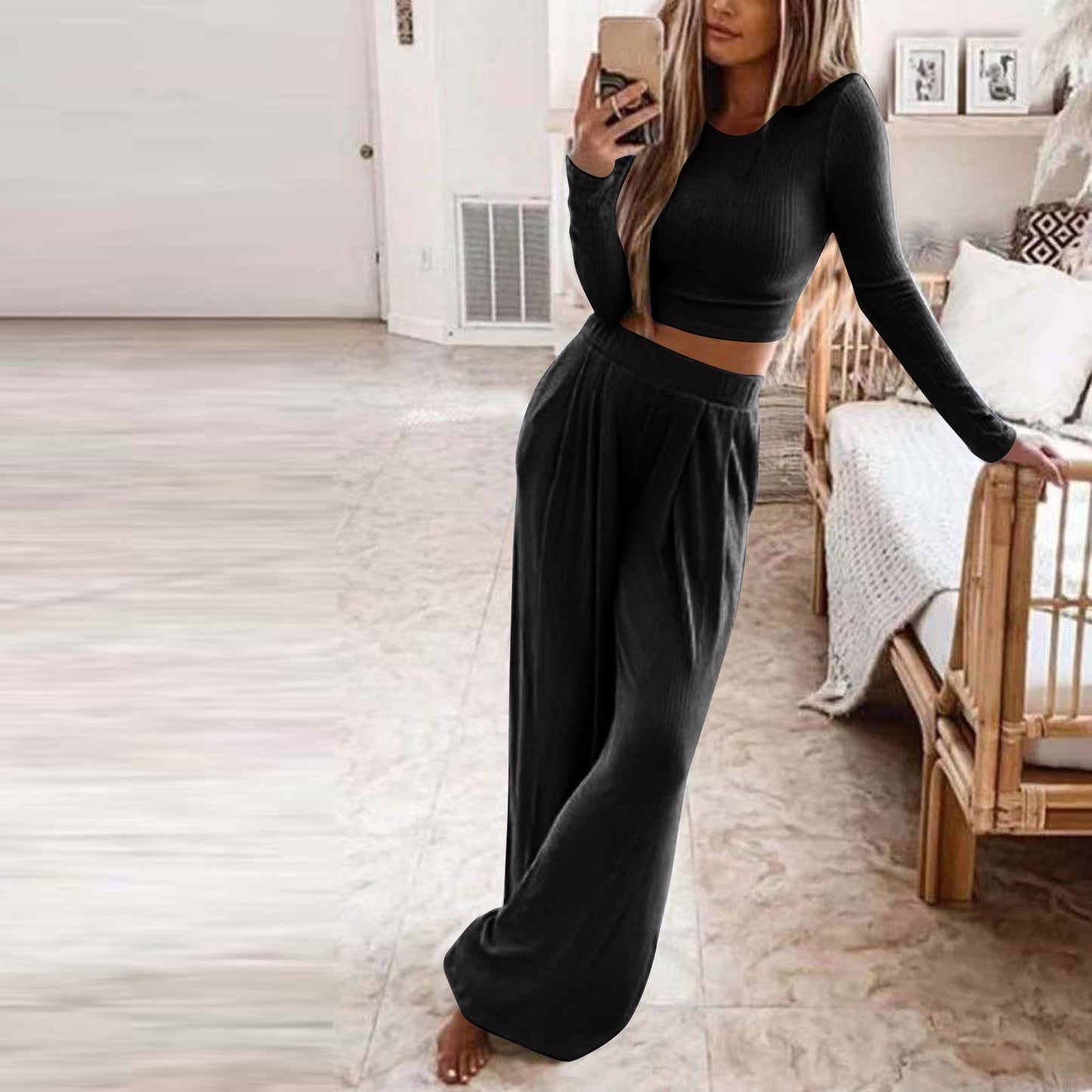Streetwave Elegant Womens Comfortable Lounge Set With Long Sleeve Top And Wide Leg Pants For Women