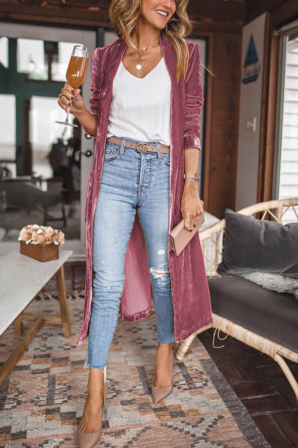 Street Wave Velvet Cardigan Coat For Women Festive Cozy Loose Fit Calf Length Stand Collar