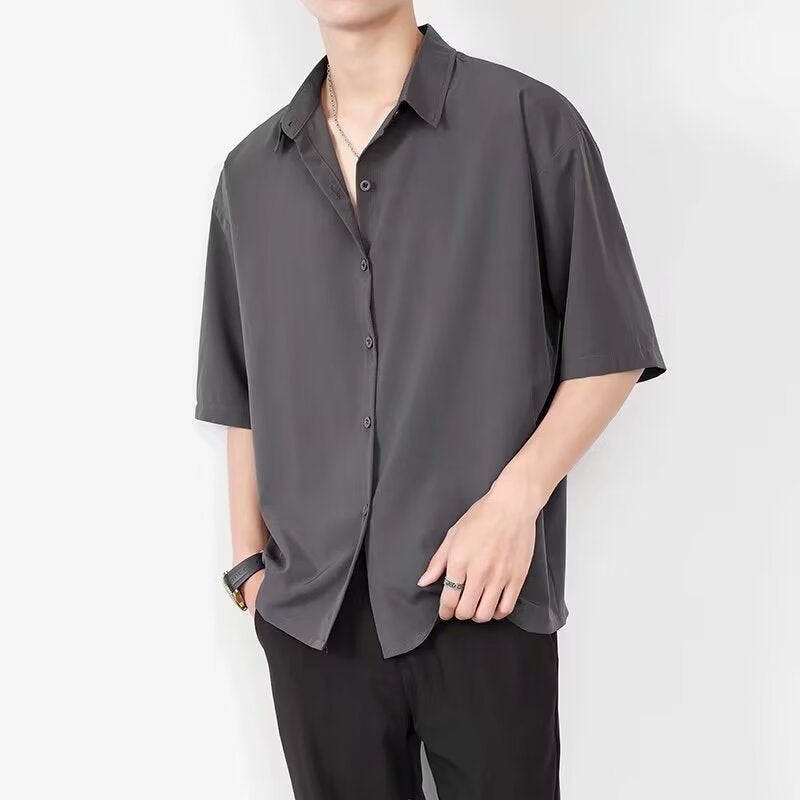 Mens Short Sleeve Black Shirt Relaxed Fit Lightweight Breathable Fabric Casual Button Closure By Street-Wave
