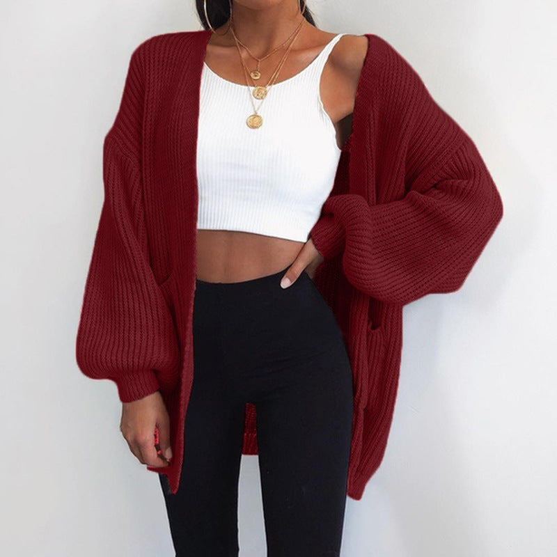 Street-wave Oversize Knit Cardigan for Women with Puff Sleeves - Luxurious Soft Cotton, Cozy Wide Fit